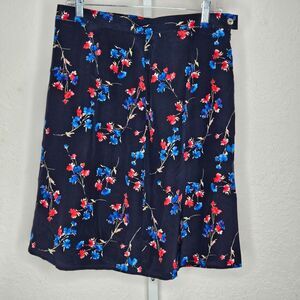 Casual Corner Vintage Navy Floral Silk Skirt Lined Mid Length Size 12